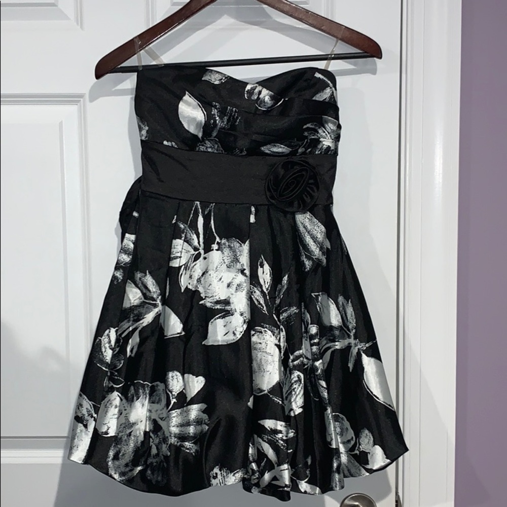 Black strapless floral dress